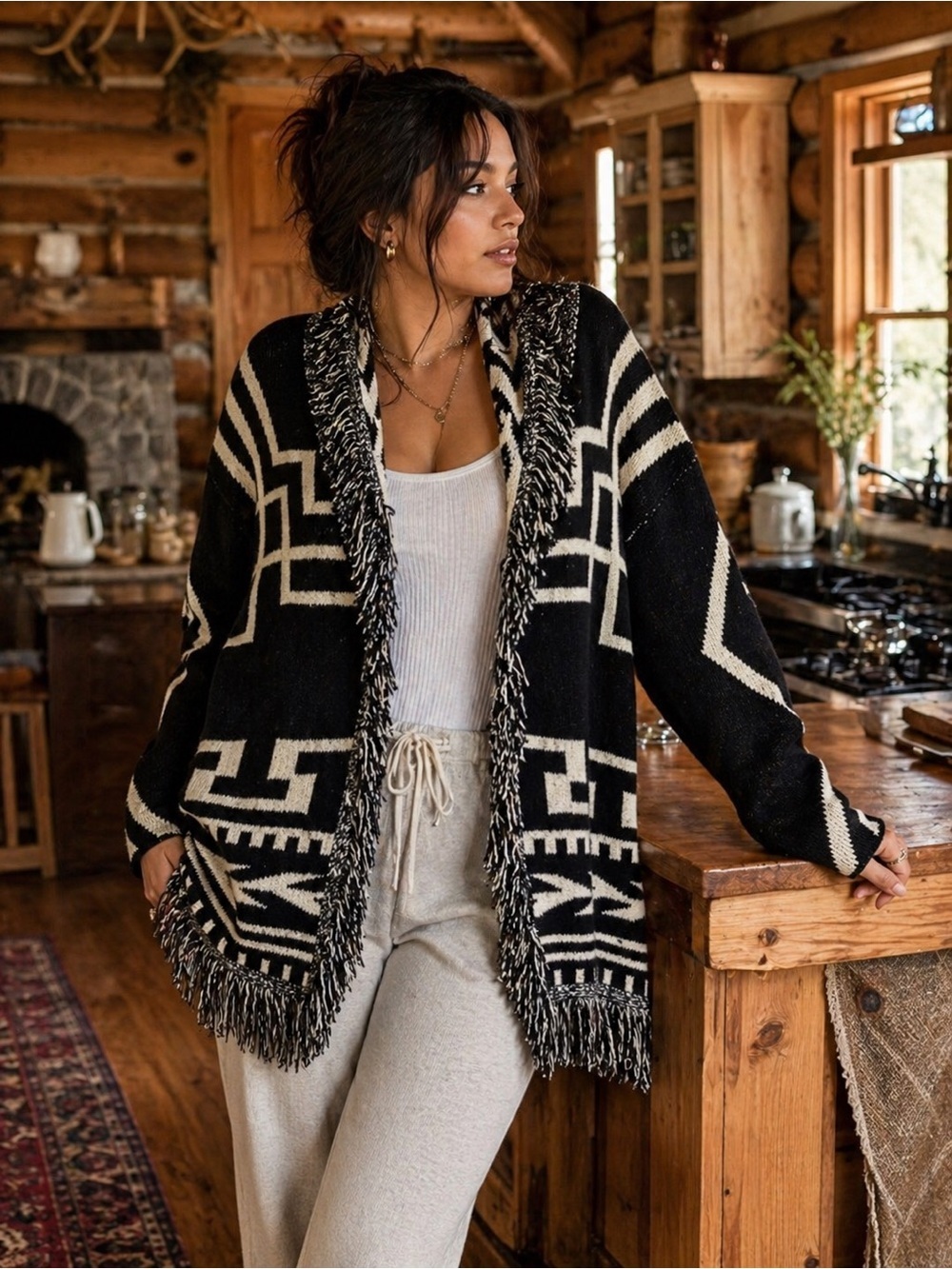 Black & Cream Geometric Fringe Cardigan Sweater Tribal Boho Cozy Knit Size M